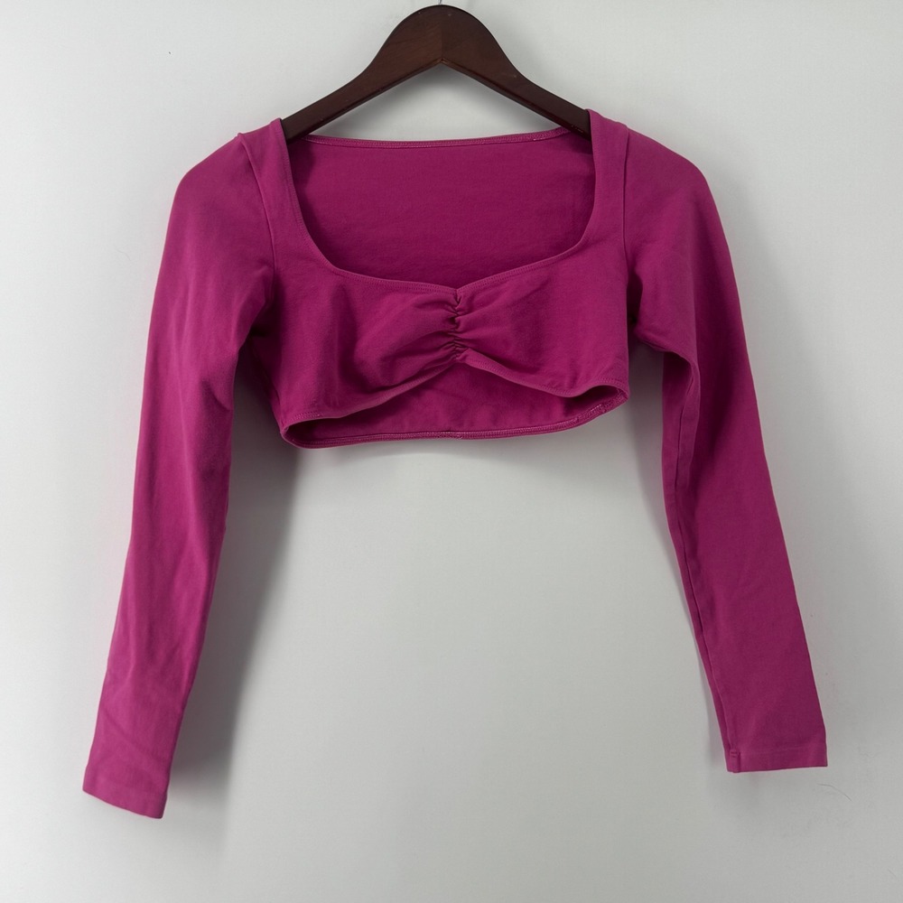 Los Angeles Apparel Magenta Pink Ruched Square Neck Long Sleeve Crop Top M